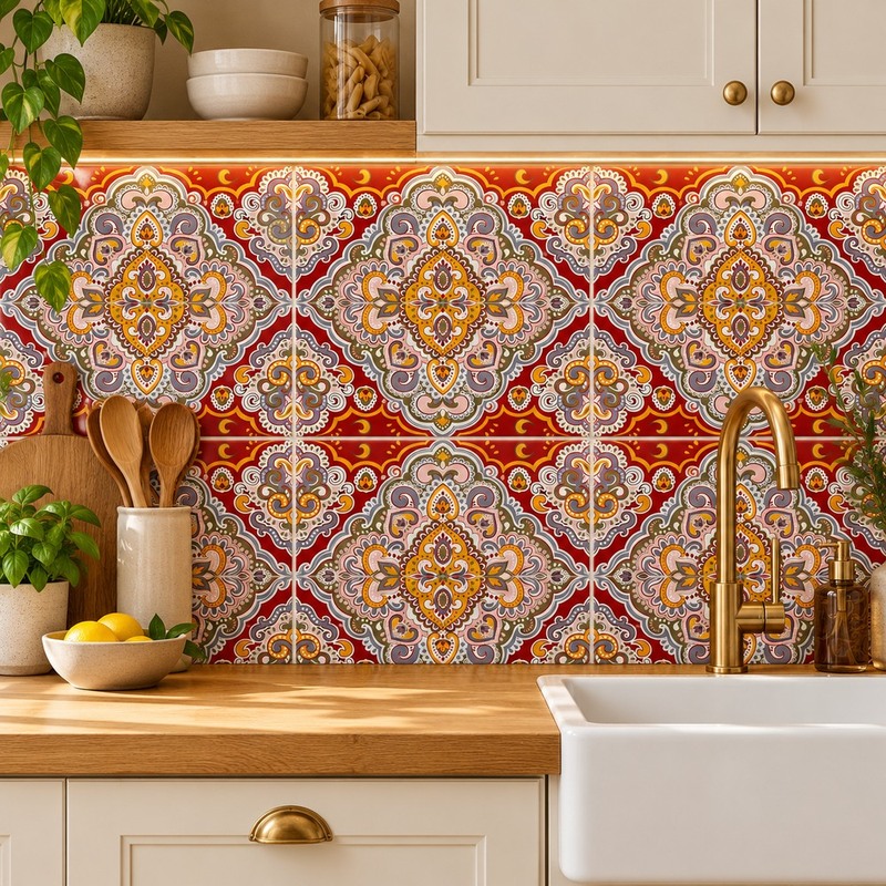 300x300mm Orange Blue Ornamental Repeat Tiles TQ39-CN33D41