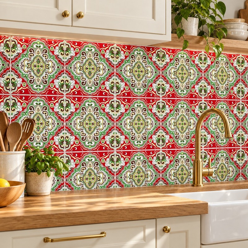 300x300mm Green Red Ornamental Repeat Tiles TQ39-CN33D42