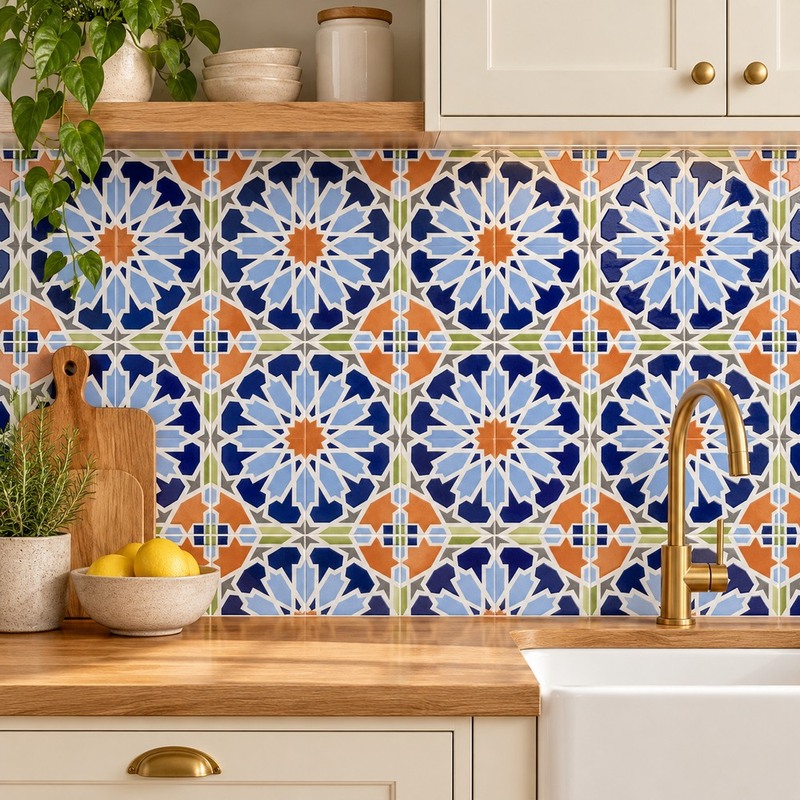 200x200mm Blue Multicolour Geometric Star Tiles TQ39-MOSC198203