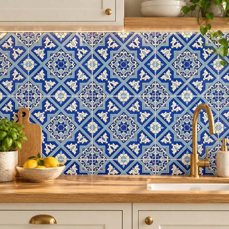 200x200mm Blue White Ornamental Cross Tiles TQ39-MOSC198205