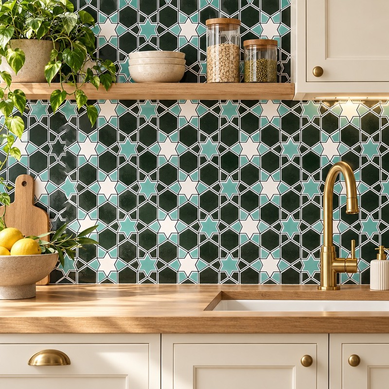 200x200mm Green Black Geometric Lattice Tiles TQ39-MOSC198206