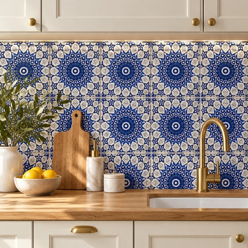 200x200mm Blue White Mosaic Star Tiles TQ39-MOSC198208