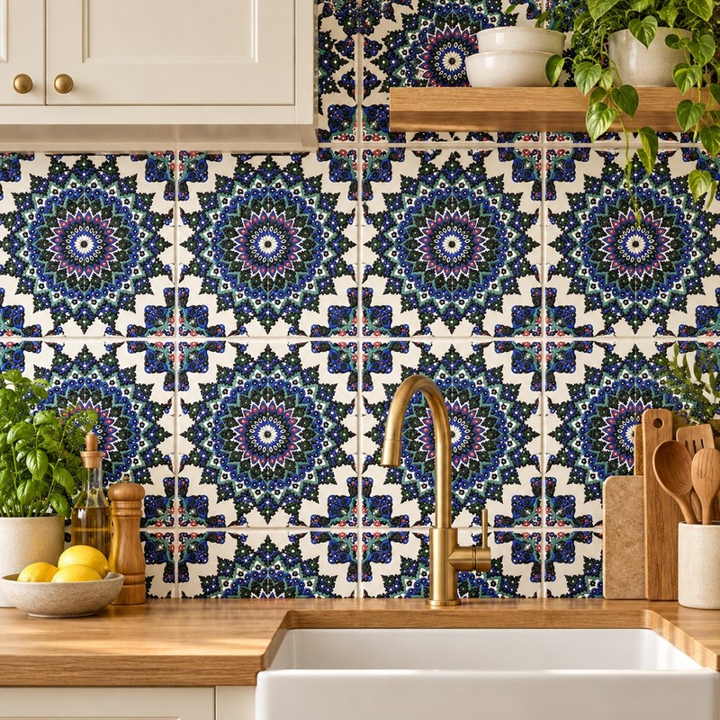200x200mm Blue Green Ornamental Rosette Tiles TQ39-MOSC198209