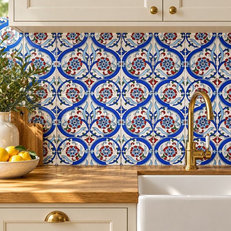 200x200mm Blue Red Floral Scroll Tiles TQ39-MOSC198801