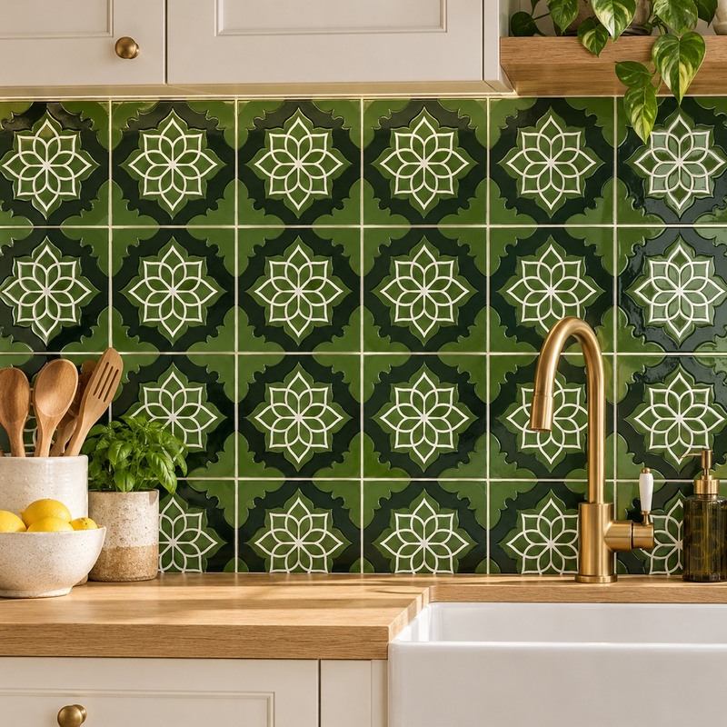 100x100mm Green Geometric Rosette Tiles TQ39-MOSC62012