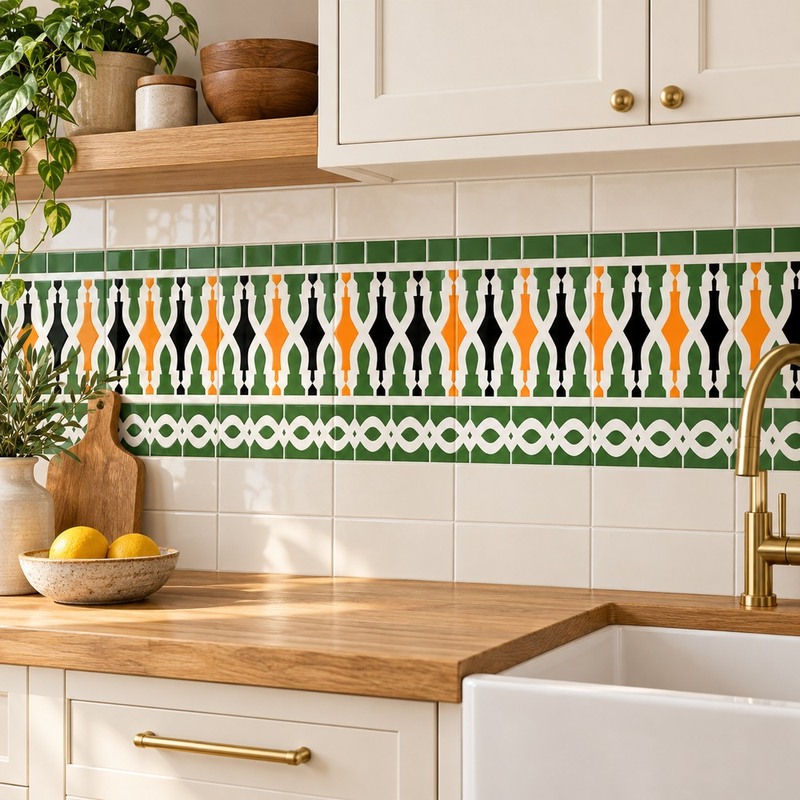 150x300mm Green Orange Geometric Border Tiles TQ39-CN15L26