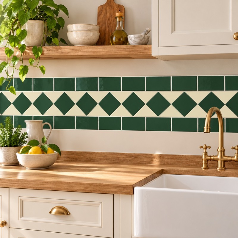 150x300mm Green Cream Diamond Border Tiles TQ39-CN15L27