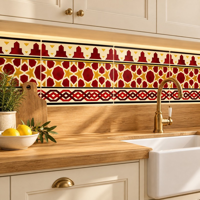 150x300mm Red Yellow Geometric Border Tiles TQ39-CN15L28