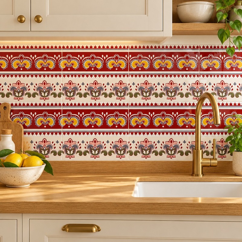 150x300mm Red Ochre Floral Border Tiles TQ39-CN15L41