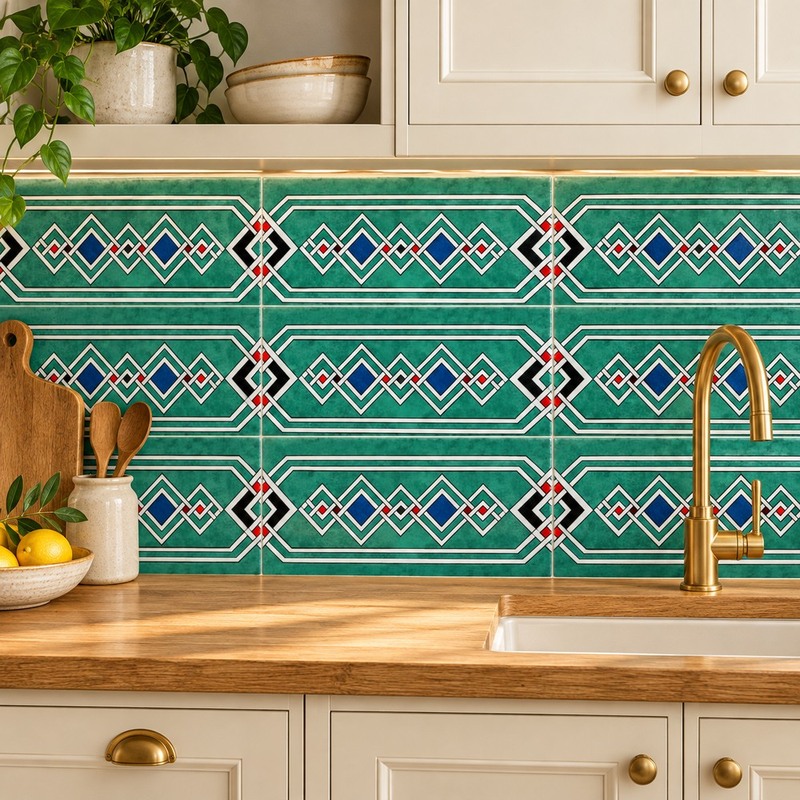 150x300mm Teal White Geometric Border Tiles TQ39-CN15L44