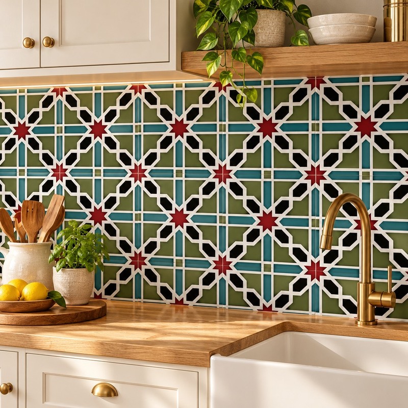 300x300mm Green White Star Geometry Tiles TQ39-CN33D43