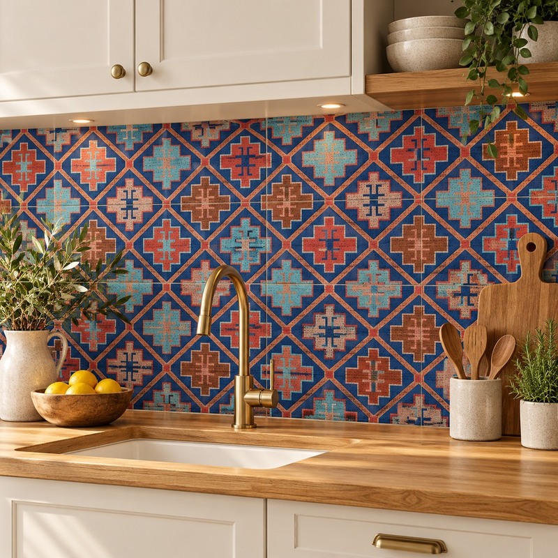 300x300mm Blue Red Geometric Repeat Tiles TQ39-CN33D51