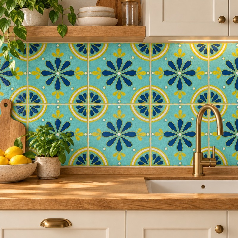 300x300mm Aqua Yellow Floral Tiles TQ39-CN33G04