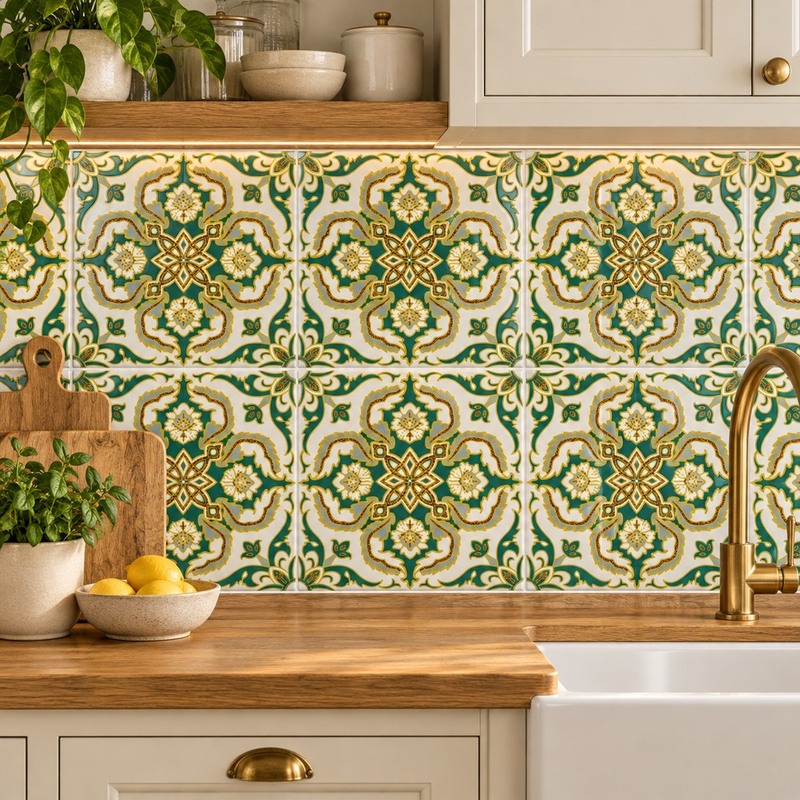 300x300mm Green Cream Ornamental Repeat Tiles TQ39-CN33G05