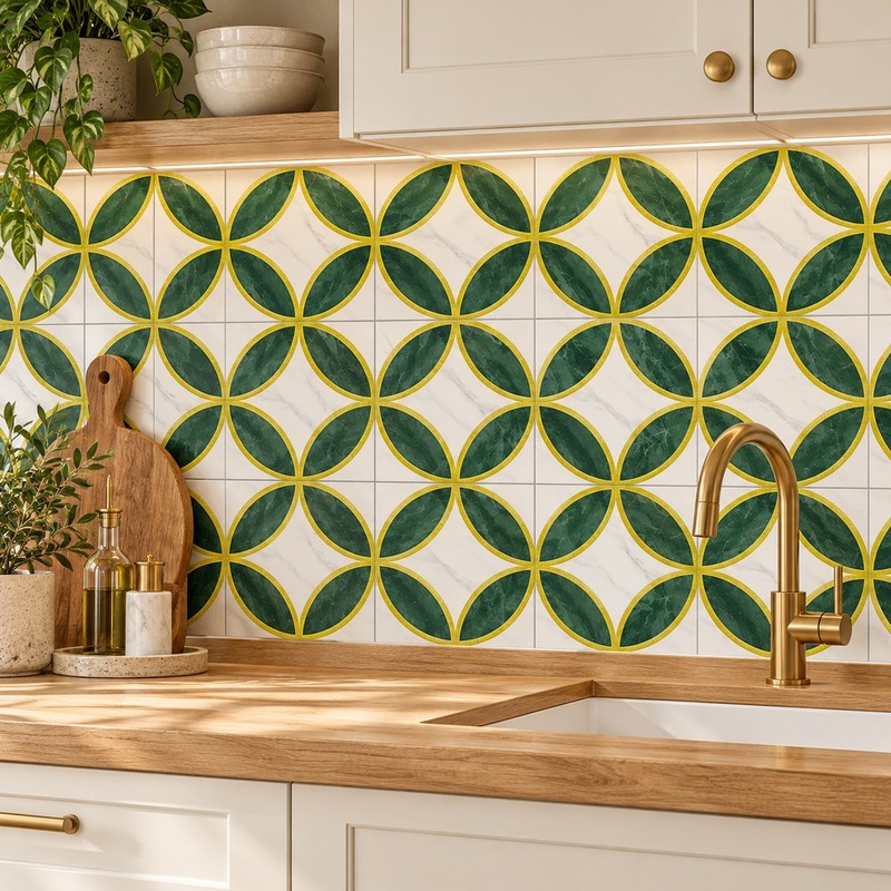 300x300mm Green Gold Tone Petal Geometry Tiles TQ39-CN33G07