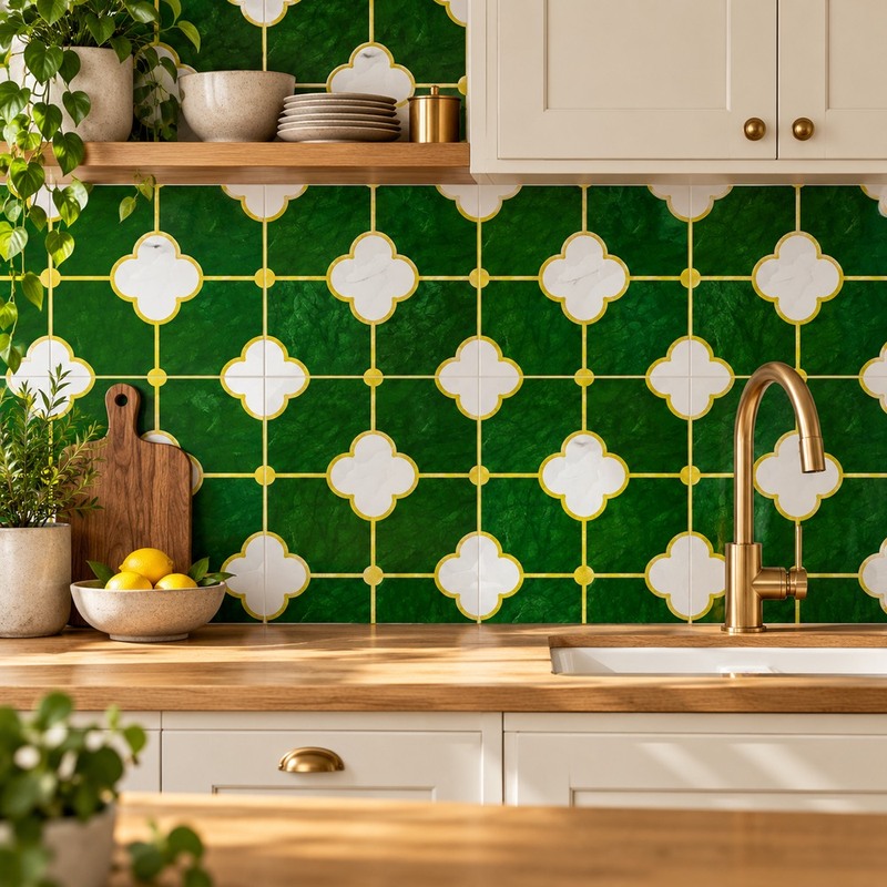 300x300mm Green White Quatrefoil Grid Tiles TQ39-CN33G09