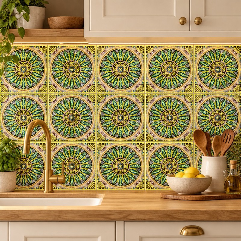 300x300mm Green Gold Tone Petal Rosette Tiles TQ39-CN33G14