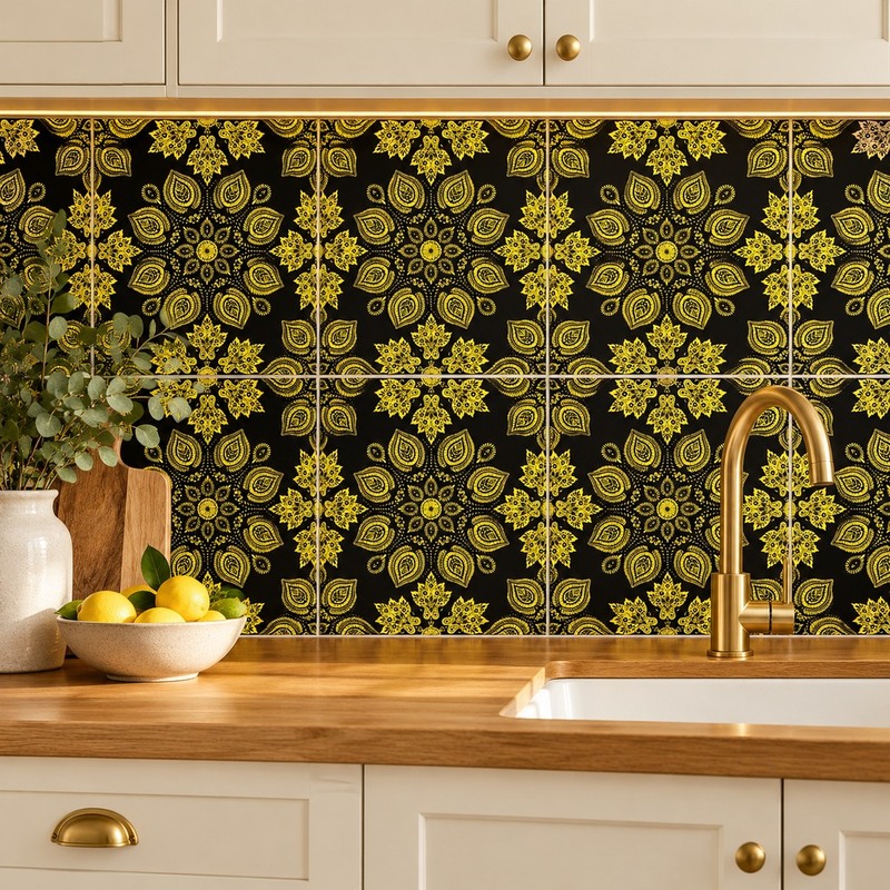 300x300mm Black Gold Tone Floral Tiles TQ39-CN33G16
