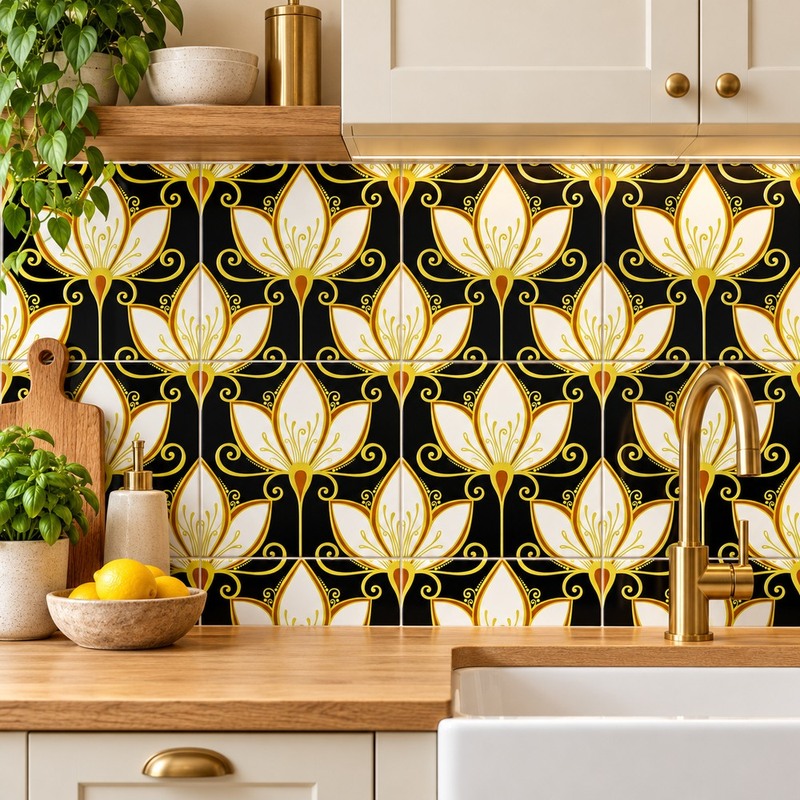 300x300mm Black Cream Stylized Flower Tiles TQ39-CN33G20