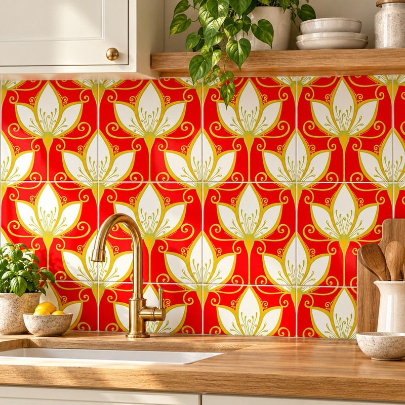 300x300mm Red Cream Stylized Flower Tiles TQ39-CN33G21