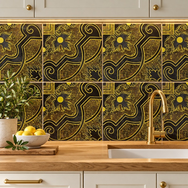 300x300mm Black Gold Tone Ornamental Frame Tiles TQ39-CN33G23