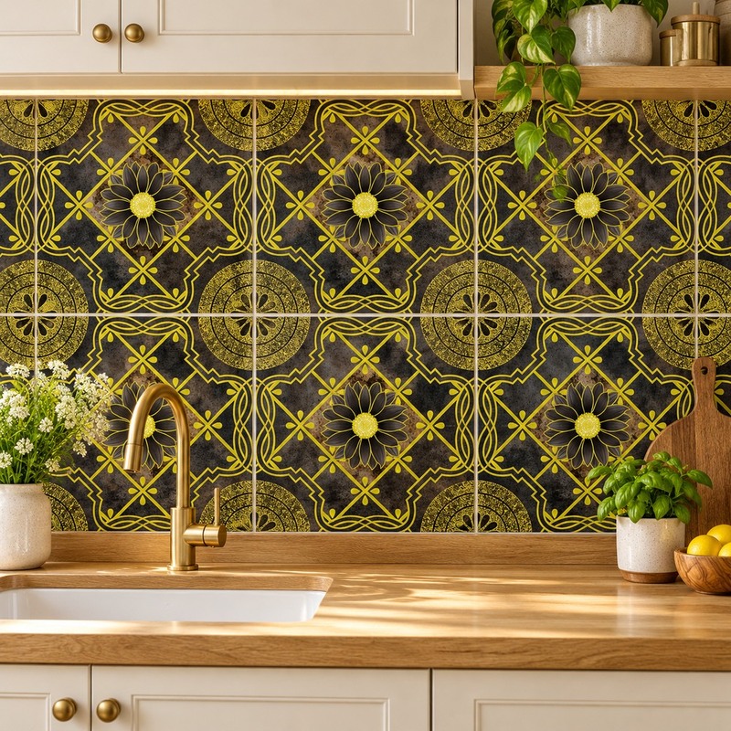 300x300mm Black Gold Tone Floral Lattice Tiles TQ39-CN33G24