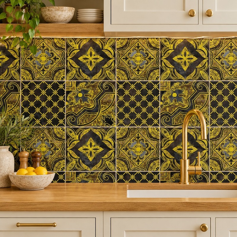 300x300mm Black Gold Tone Ornamental Curve Tiles TQ39-CN33G25