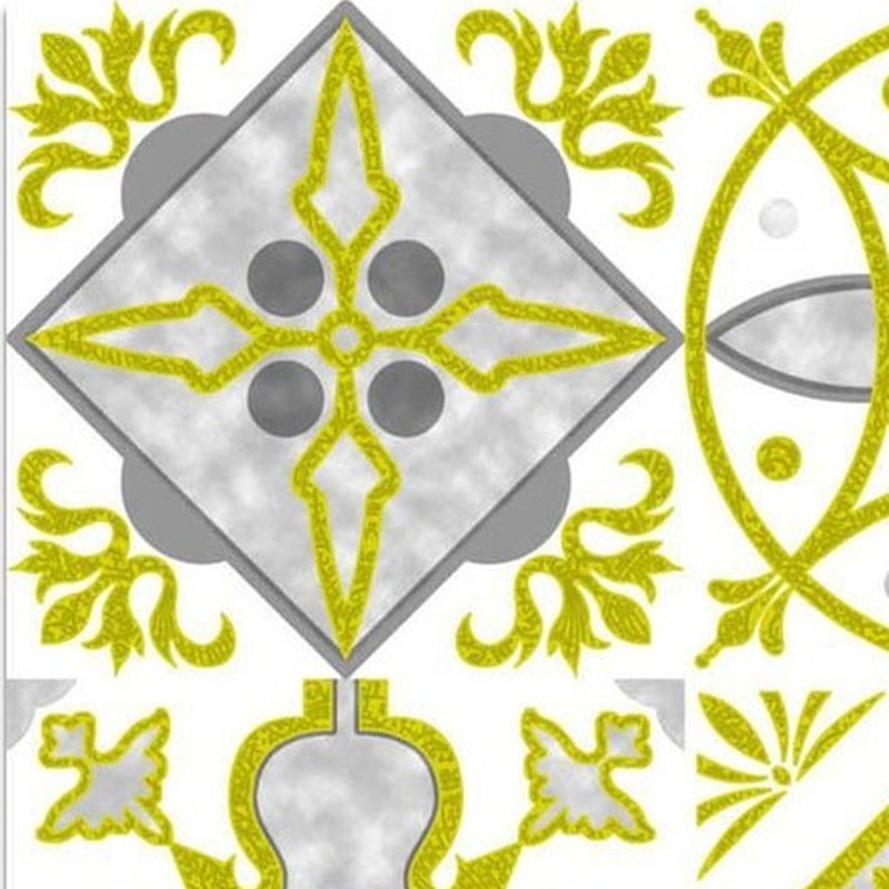 300x300mm White Gold Tone Ornamental Medallion Tiles TQ39-CN33G27