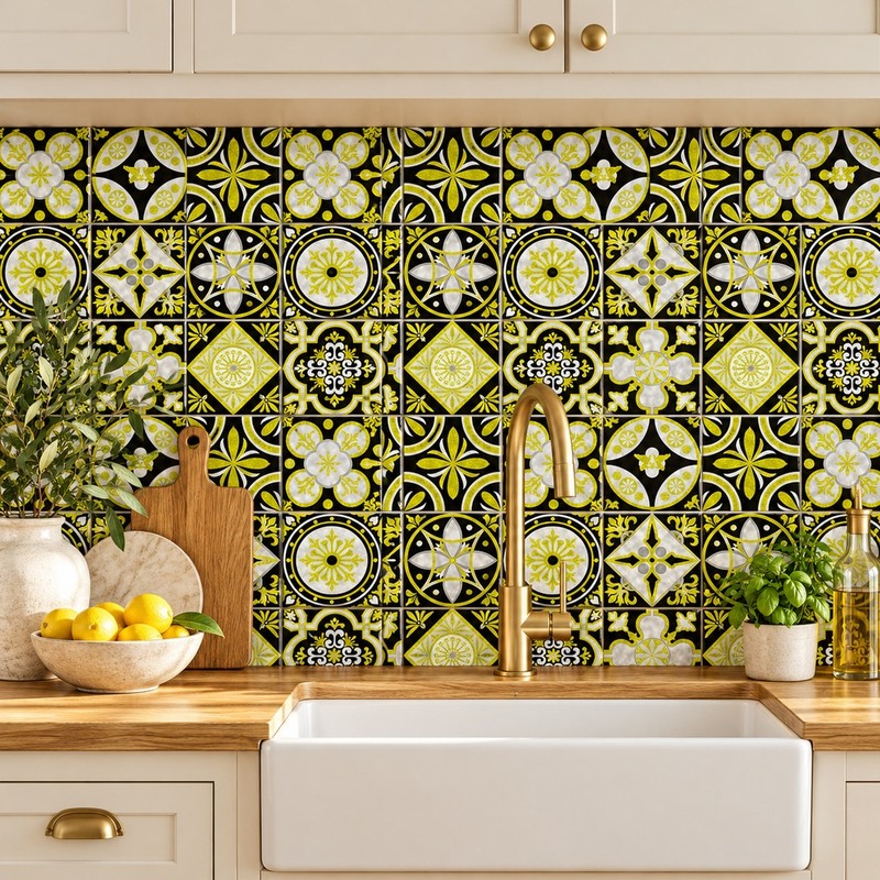 300x300mm Black Gold Tone Floral Patchwork Tiles TQ39-CN33G28