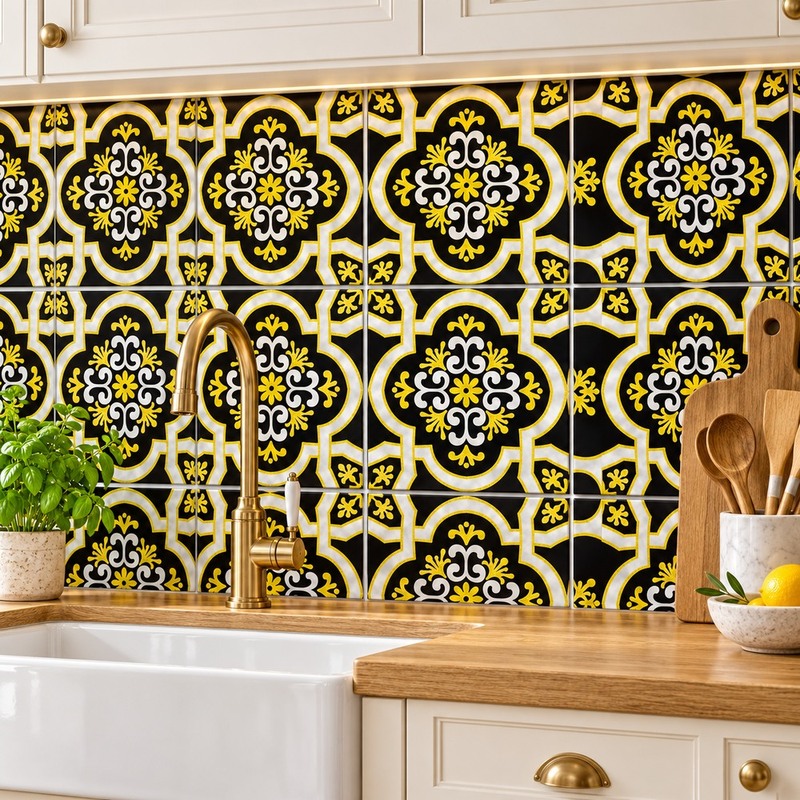 300x300mm Black White Ornamental Cross Tiles TQ39-CN33G32