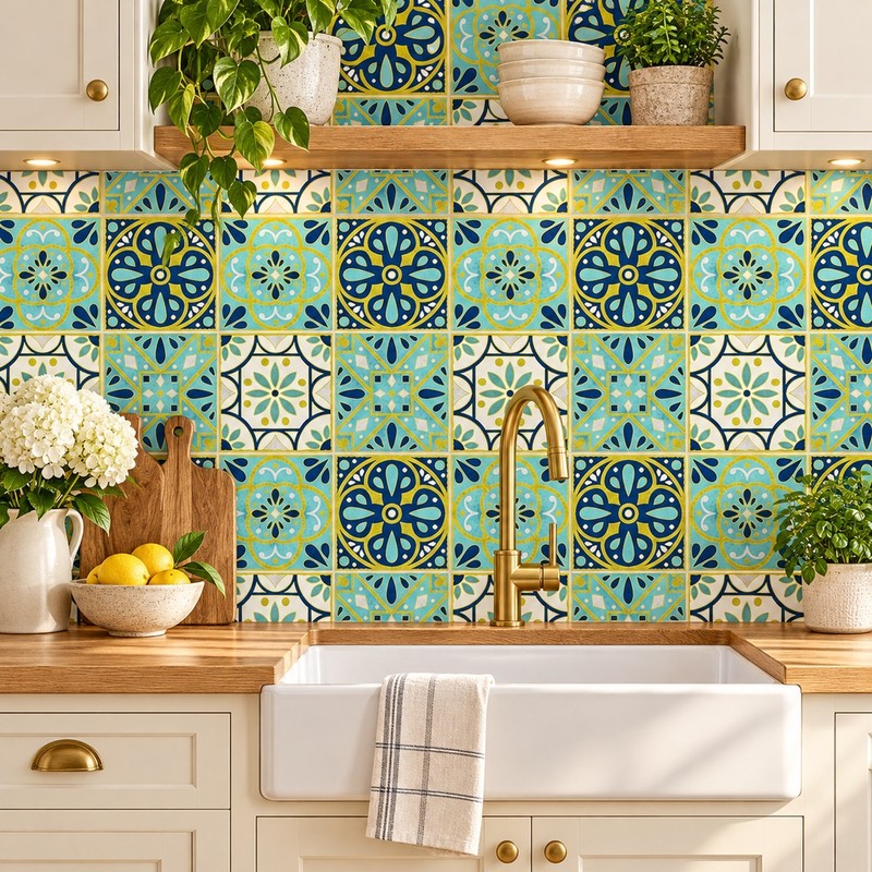 300x300mm Blue Yellow Decorative Patchwork Tiles TQ39-CN33G36