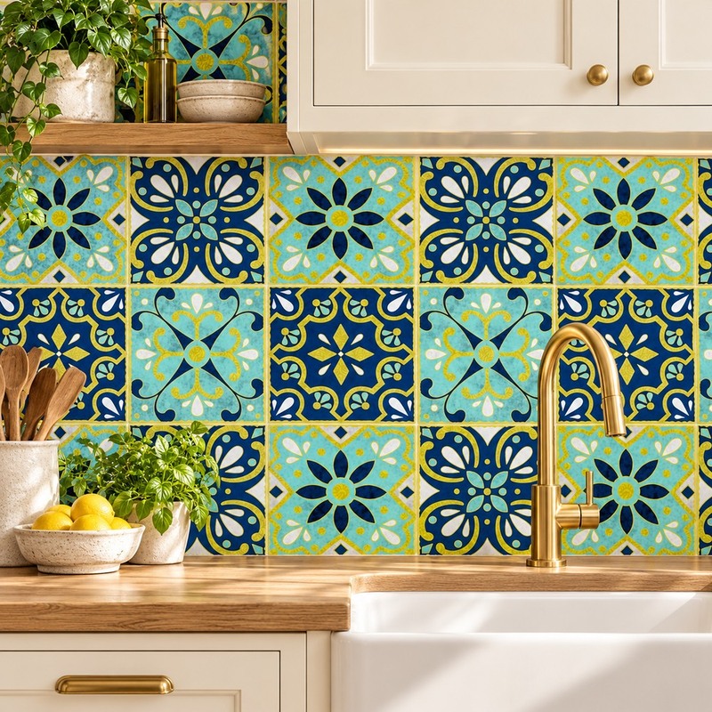 300x300mm Blue Yellow Floral Patchwork Tiles TQ39-CN33G37