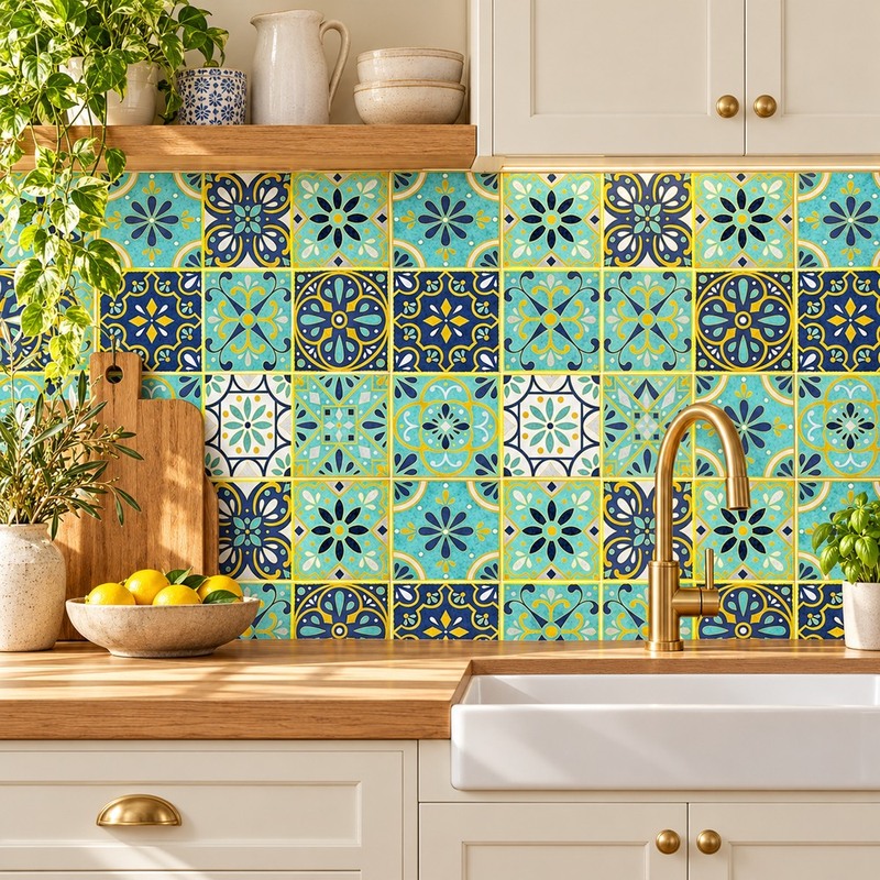 300x300mm Blue Gold Tone Ornamental Patchwork Tiles TQ39-CN33G38