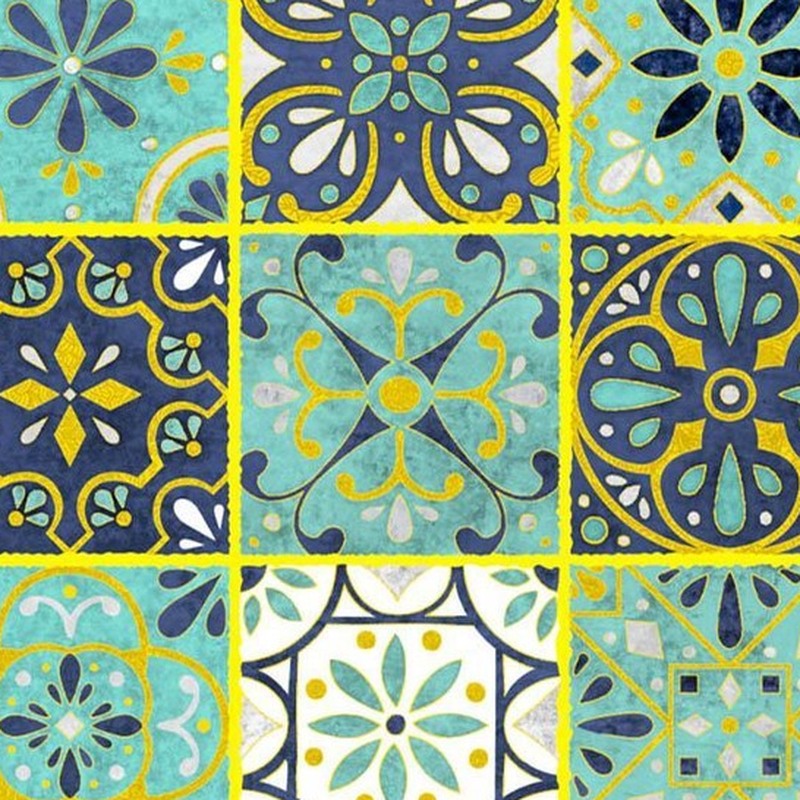 300x300mm Blue Gold Tone Ornamental Patchwork Tiles TQ39-CN33G38