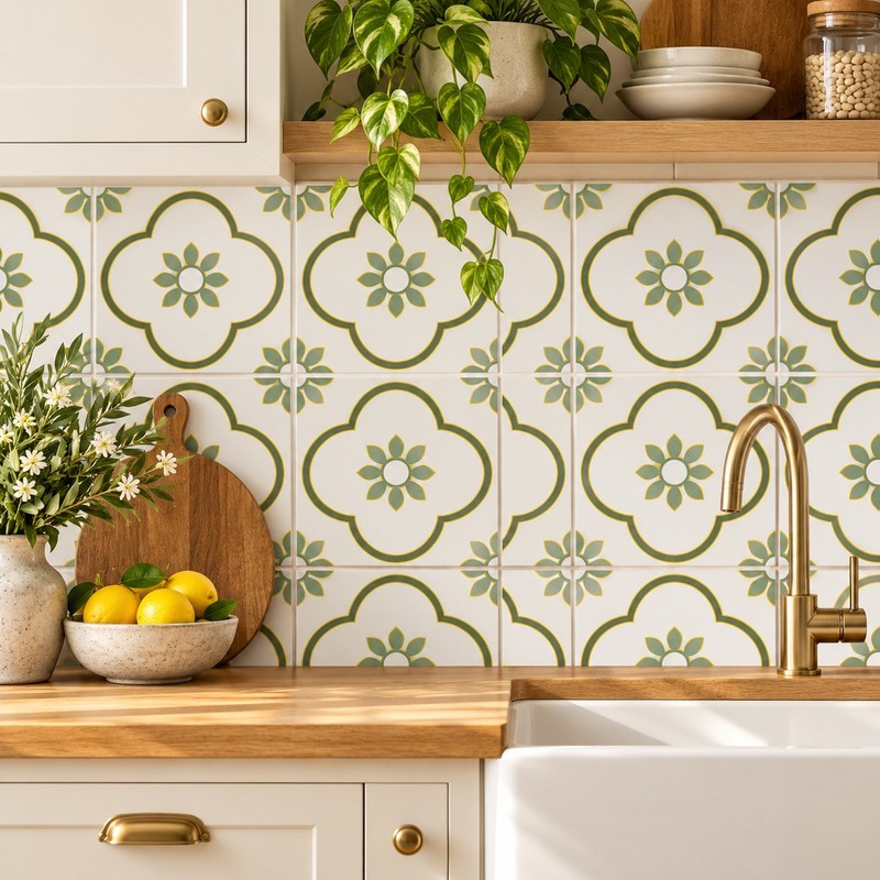 300x300mm White Green Quatrefoil Flower Tiles TQ39-CN33G40