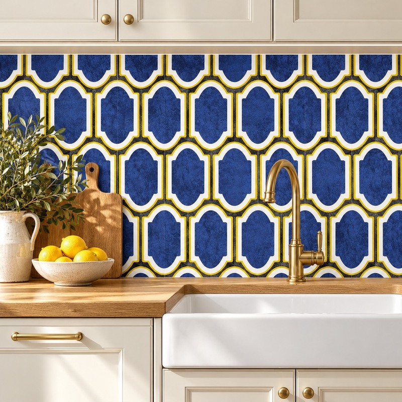 300x300mm Blue Gold Tone Curved Lattice Tiles TQ39-CN33G41