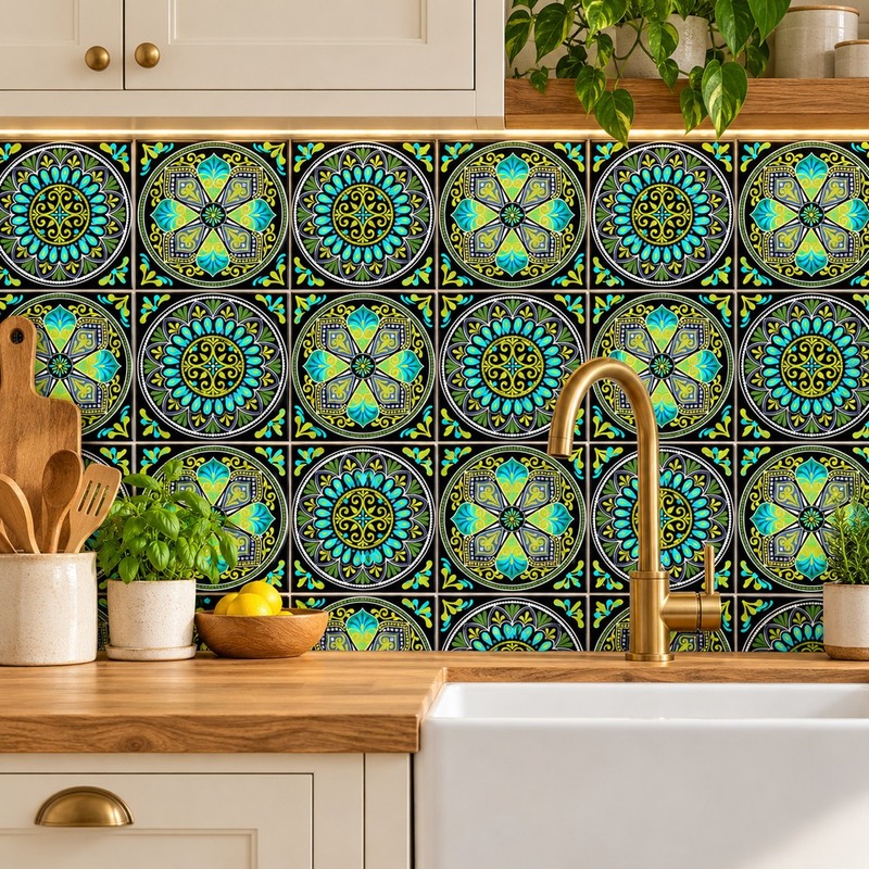 300x300mm Blue Green Ornamental Medallion Tiles TQ39-CN33G42