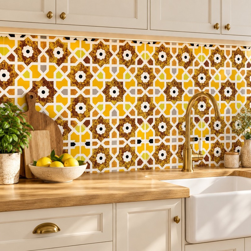 300x300mm Ochre White Geometric Lattice Tiles TQ39-CN33G50