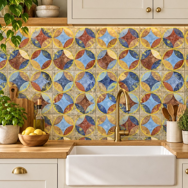 300x300mm Blue Gold Tone Interlaced Circles Tiles TQ39-CN33G52