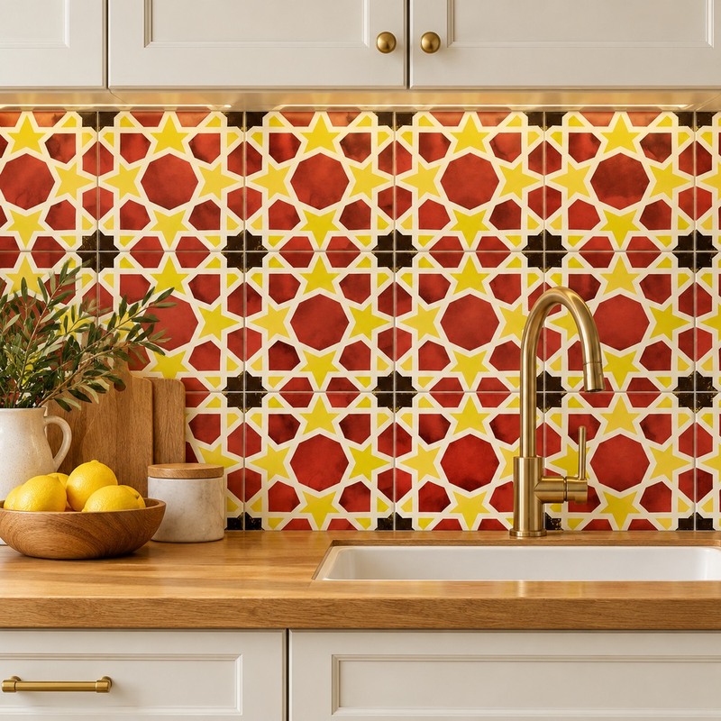 300x300mm Red Gold Tone Star Geometry Tiles TQ39-CN33G53