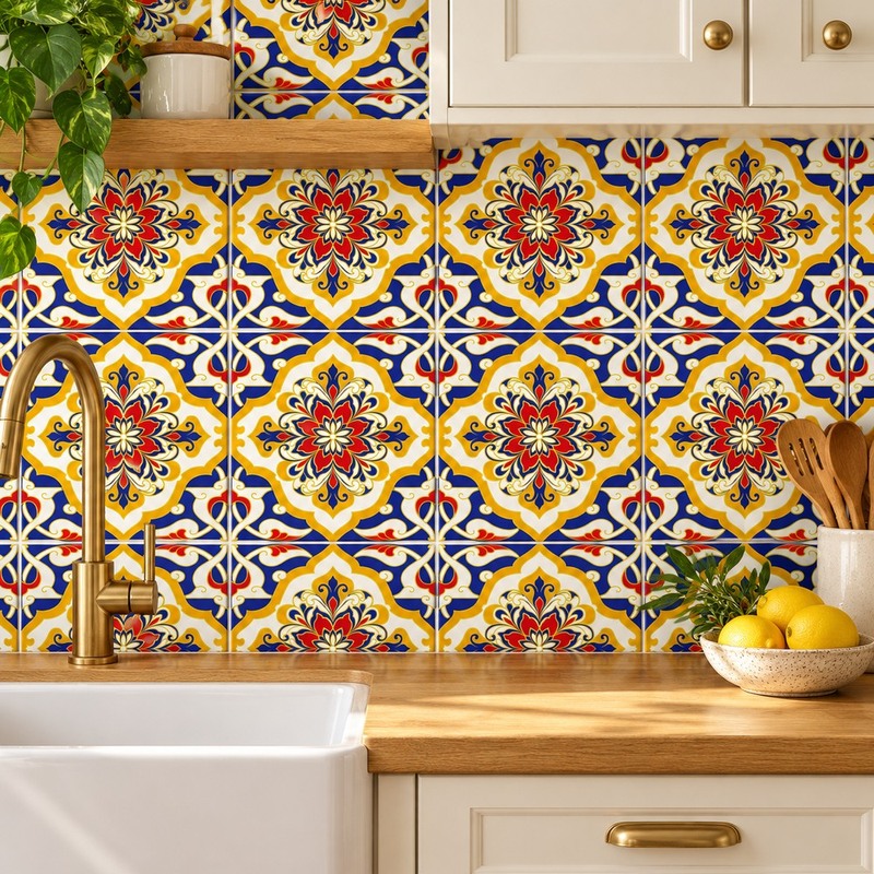 300x300mm Blue Yellow Floral Scroll Tiles TQ39-CN33G59