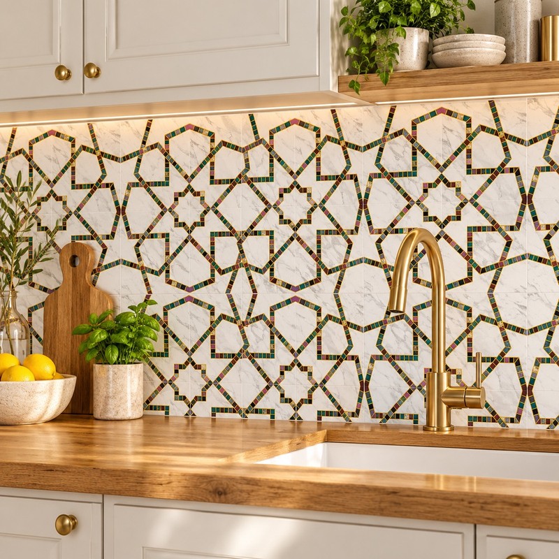 300x300mm White Gold Tone Star Lattice Tiles TQ39-CN33G63