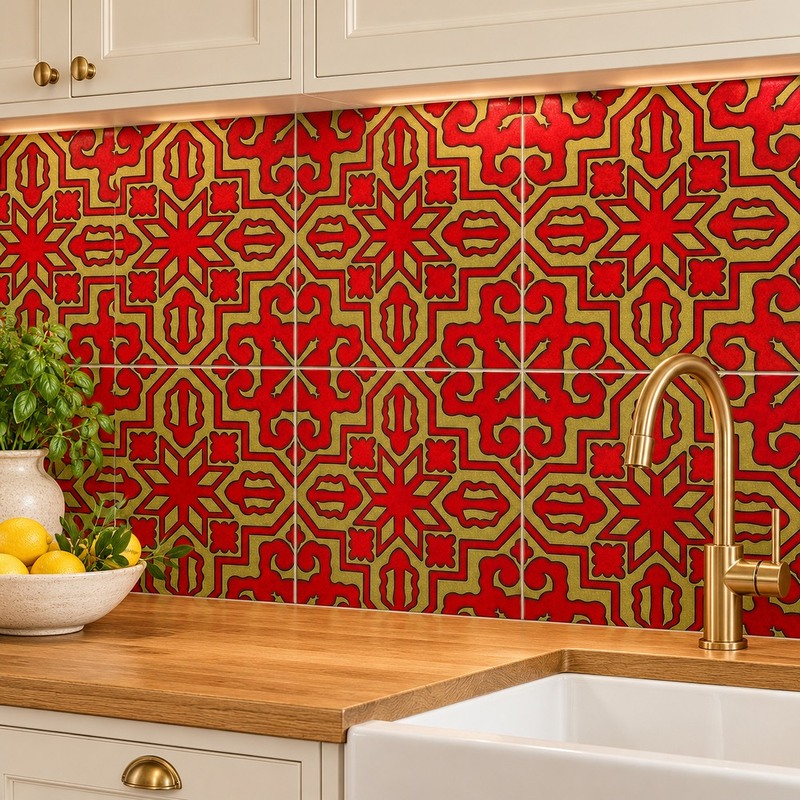 300x300mm Red Gold Tone Geometric Star Tiles TQ39-CN33G64