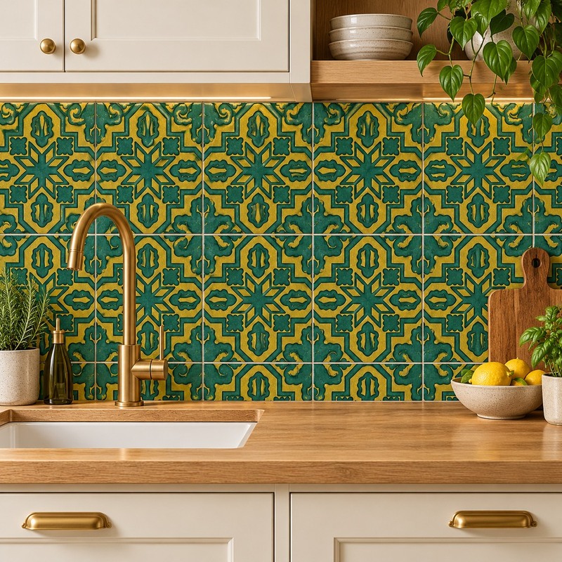 300x300mm Teal Gold Tone Geometric Star Tiles TQ39-CN33G65