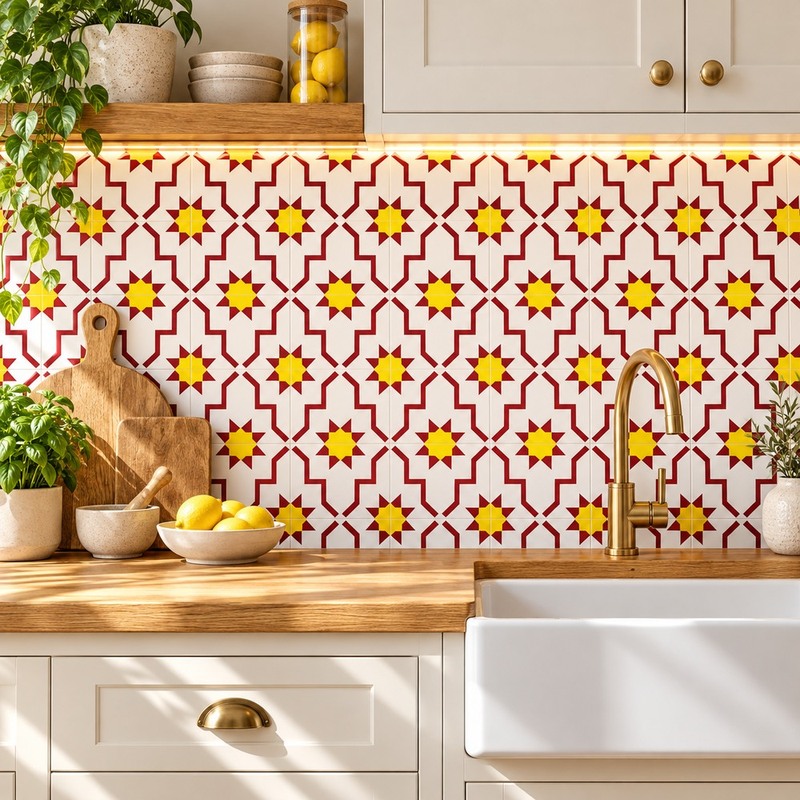 300x300mm Red White Geometric Repeat Tiles TQ39-CN33G66