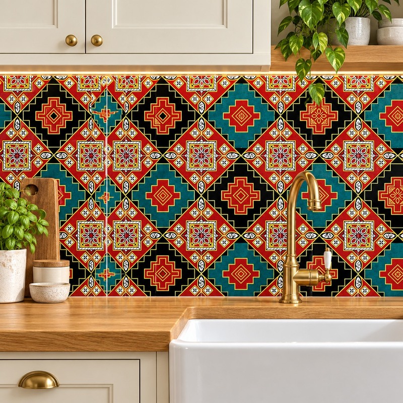 300x300mm Red Green Geometric Medallion Tiles TQ39-CN33G70