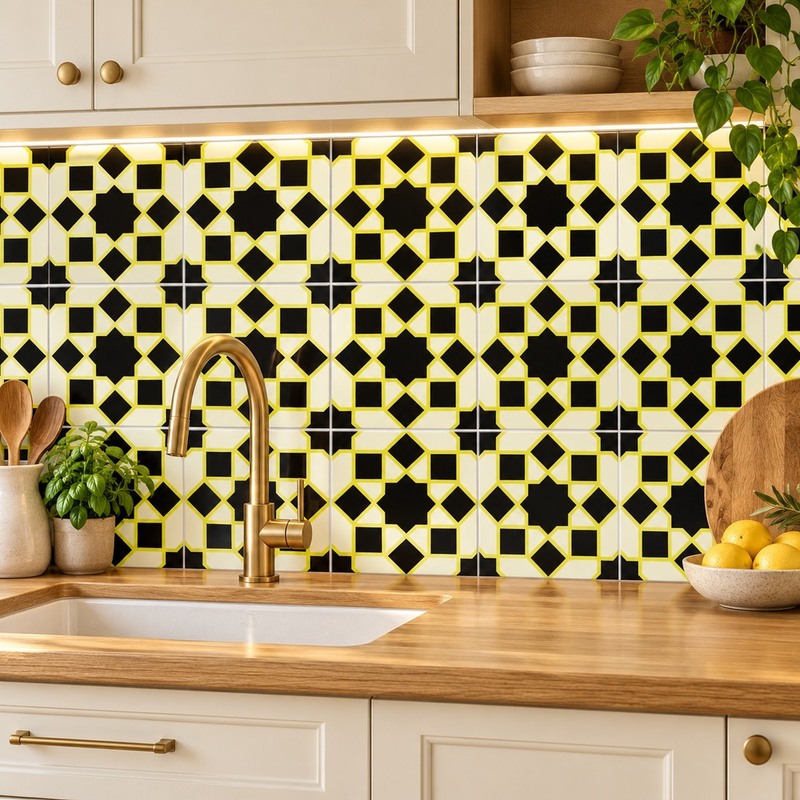 300x300mm Black Yellow Geometric Grid Tiles TQ39-CN33G74