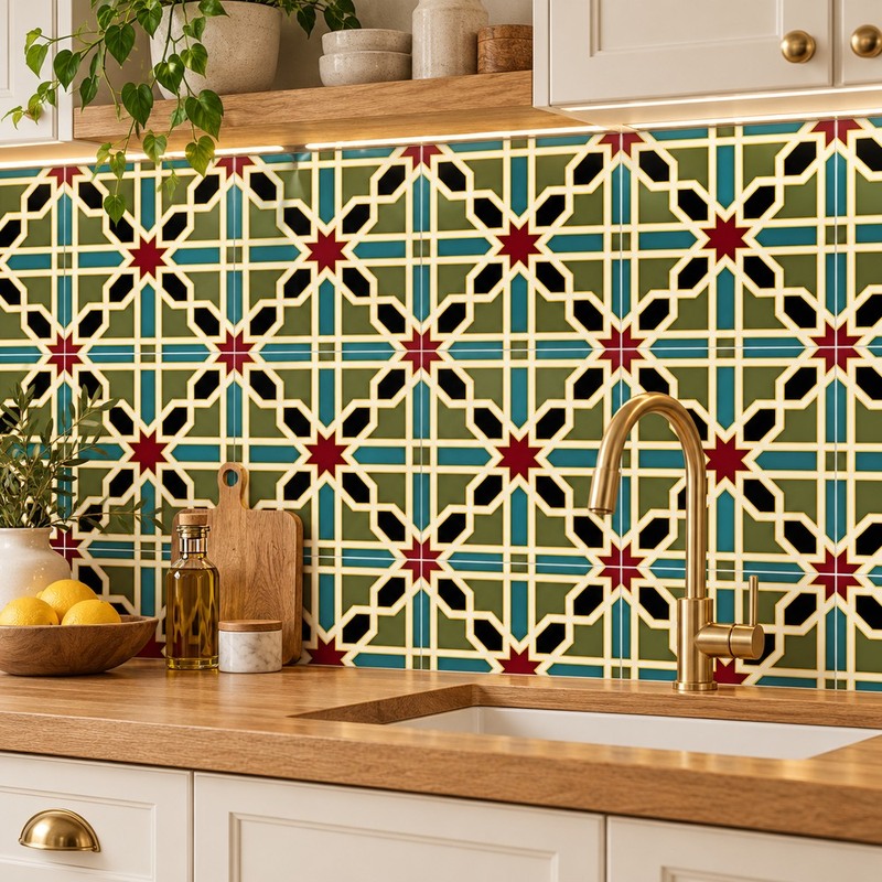 300x300mm Green White Geometric Star Tiles TQ39-CN33G76