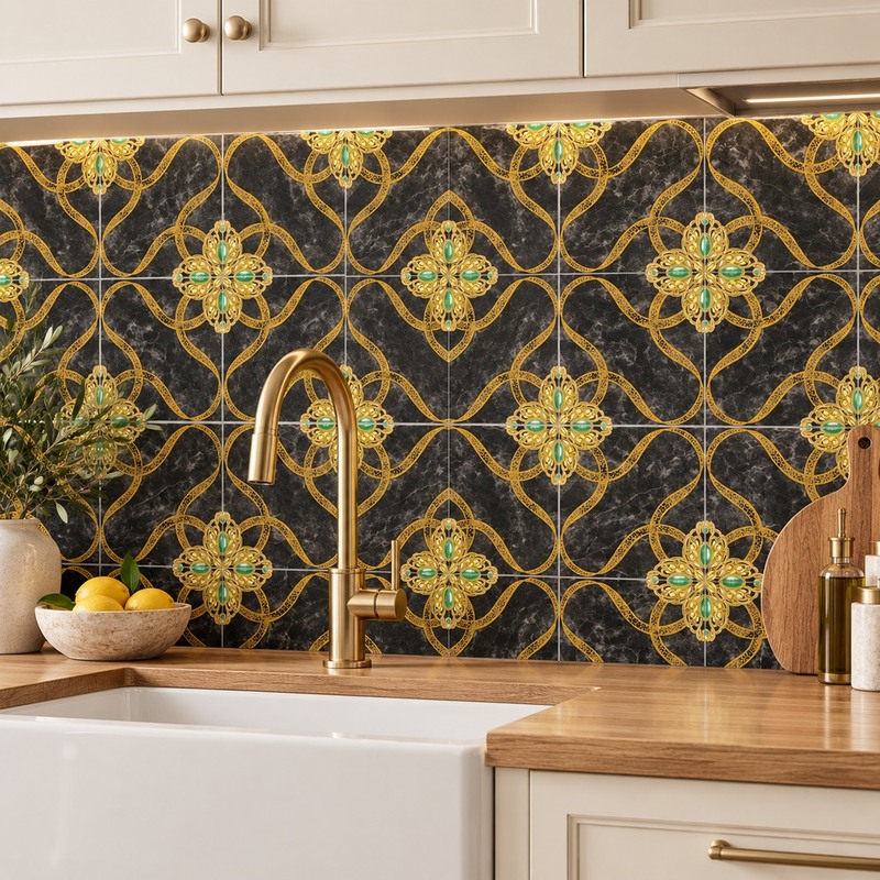 300x300mm Black Gold Tone Interlaced Floral Tiles TQ39-CN33G77