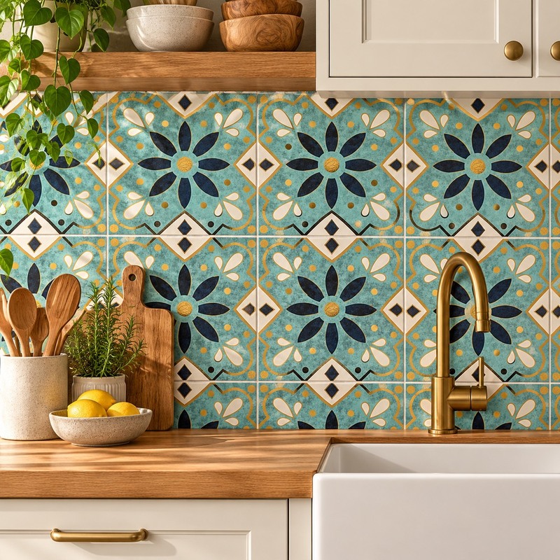 300x300mm Aqua Black Floral Tiles TQ39-MOSC29822